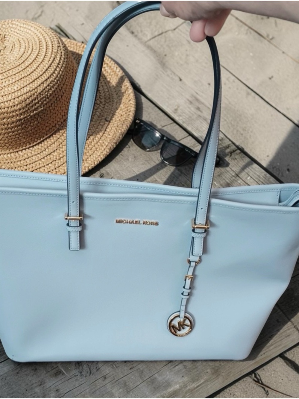 Michael Kors Jet Set Travel Laptop Tote Light Blue Saffiano Leather Work Bag
